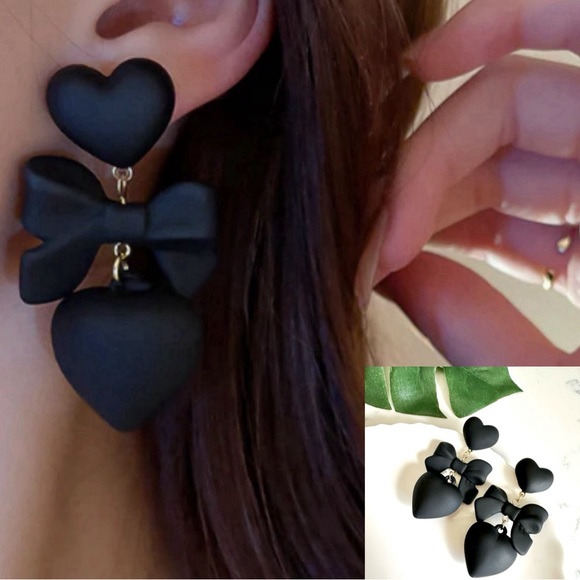 Jewelry - 2/$30🌵 Black Puffy Heart & Bow Earrings Whimsigoth Goth Cute Mallgoth Jewelry